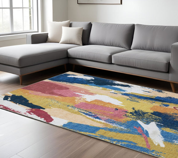 HomeRoots 5' Modern Blue and Gold Abstract Area Rug - Durable, Non-Skid, Stain-Resistant for High-Traffic Homes 8' X 10' 574977