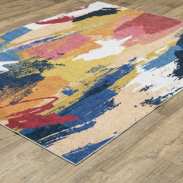 HomeRoots 5' Modern Blue and Gold Abstract Area Rug - Durable, Non-Skid, Stain-Resistant for High-Traffic Homes 8' X 10' 574977