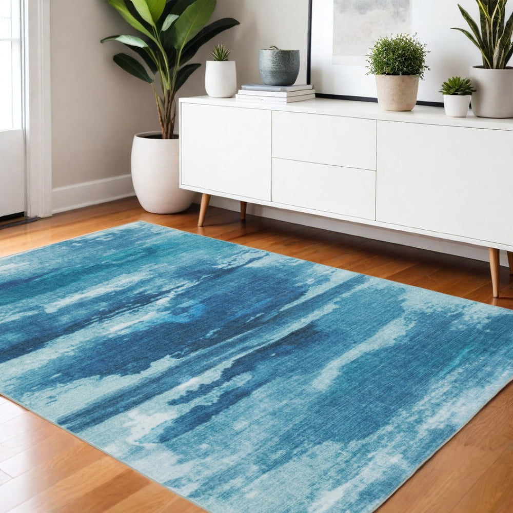 HomeRoots 5' Sky Blue and Ivory Abstract Distressed Area Rug – Modern Low-Pile Design for Stylish Spaces 4' X 6' 574979