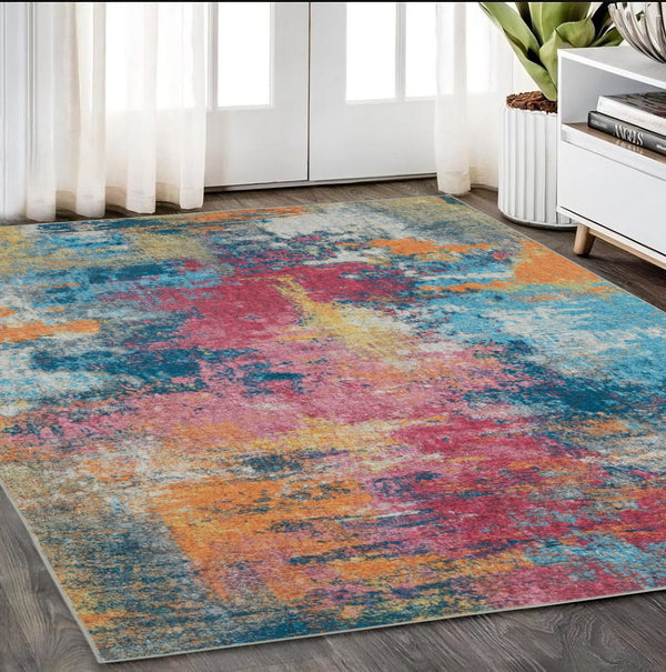Homeroots 5' Artistic Blue Abstract Area Rug - Non-skid, Stain Resistant, Perfect For Kids And Pets! 5' X 7' Polyester 574981