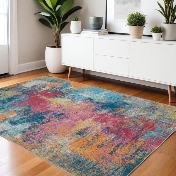Homeroots 5' Artistic Blue Abstract Area Rug - Non-skid, Stain Resistant, Perfect For Kids And Pets! 4' X 6' Polyester 574982
