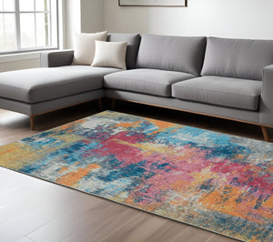 Homeroots 5' Artistic Blue Abstract Area Rug - Non-skid, Stain Resistant, Perfect For Kids And Pets! 8' X 10' Polyester 574983