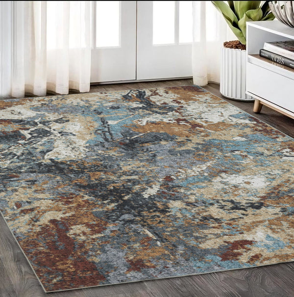Homeroots 5' Blue Abstract Non-skid Area Rug - Stain Resistant, Soft Design For Family Spaces And Pets 5' X 7' Polyester 574987