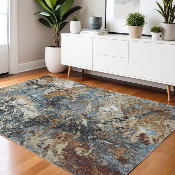 Homeroots 5' Blue Abstract Non-skid Area Rug - Stain Resistant, Soft Design For Family Spaces And Pets 4' X 6' Polyester 574988