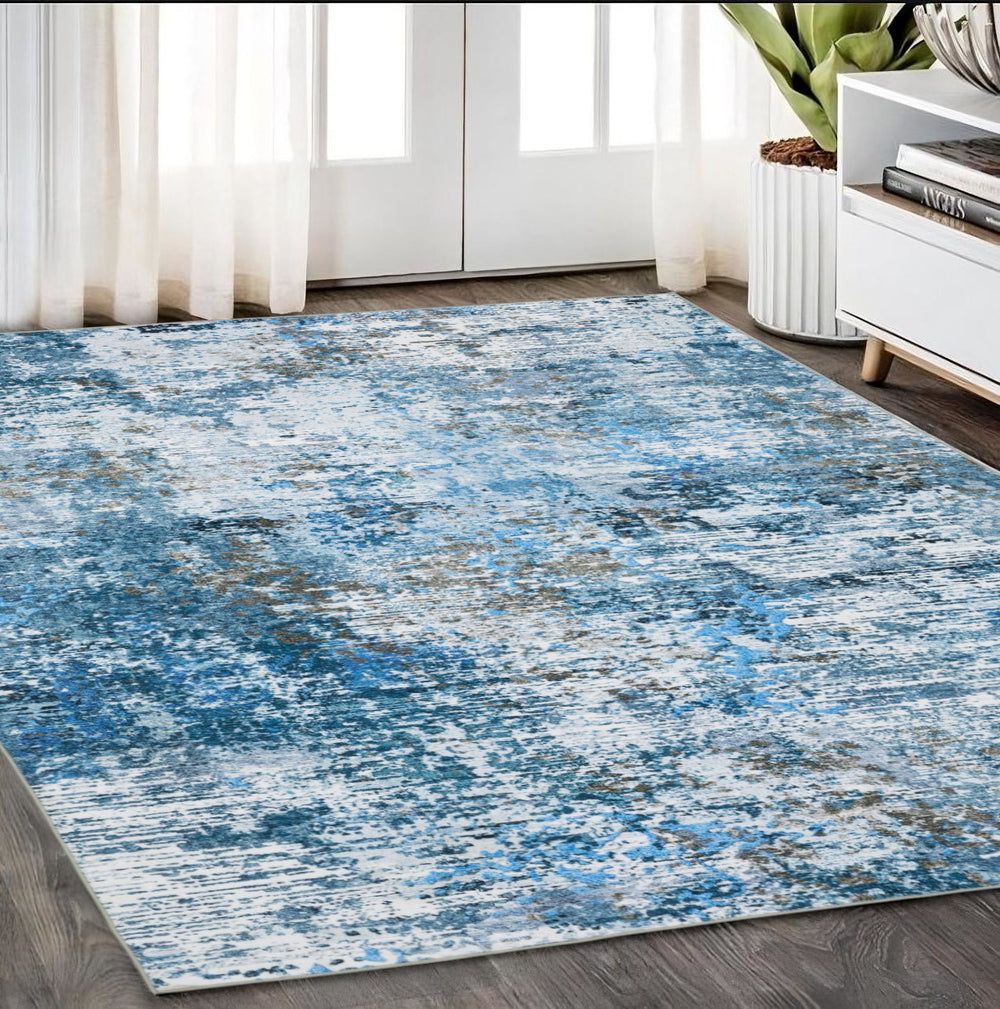 Homeroots 5' Abstract Blue Distressed Area Rug - Stylish Non-skid Design, Stain Resistant & Perfect For Homes 5' X 7' Polyester 574990