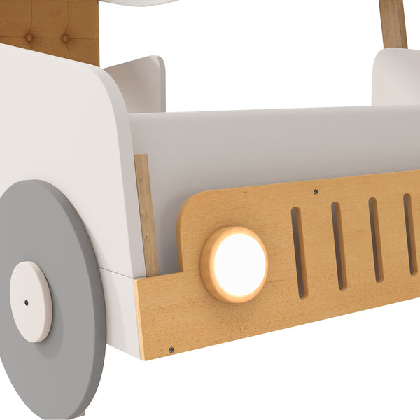 English Elm Wood Twin Car Bed with Pillow, Ceiling Canopy & LED Night Lights, Solid Pine Frame, Fun Kids Ride Bed - Twin Size, Natural Finish WF309288AAM