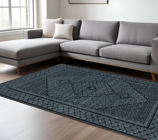 HomeRoots 5' Blue and Teal Medallion Area Rug with Trendy Fringe - Stain and Fade Resistant for Everyday Use 10' X 13' 574994