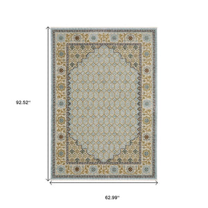 HomeRoots 5' Gold Oriental Area Rug with Elegant Fringed Edges - Durable, Stain-Resistant, Timeless Design 5' X 8' 574997