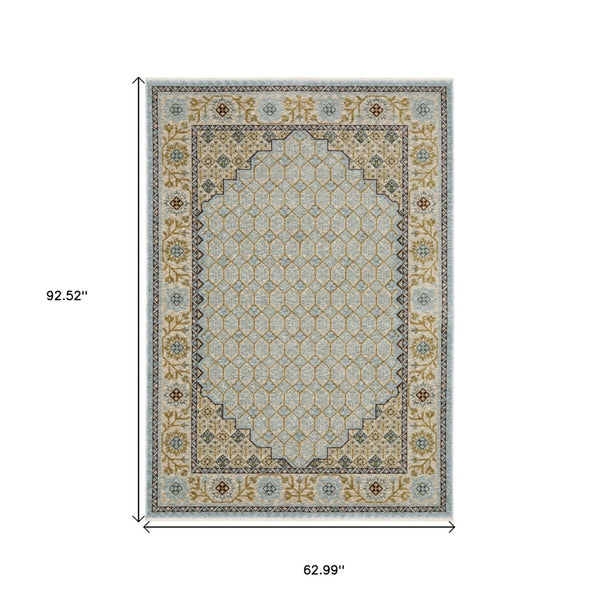 HomeRoots 5' Gold Oriental Area Rug with Elegant Fringed Edges - Durable, Stain-Resistant, Timeless Design 5' X 8' 574997