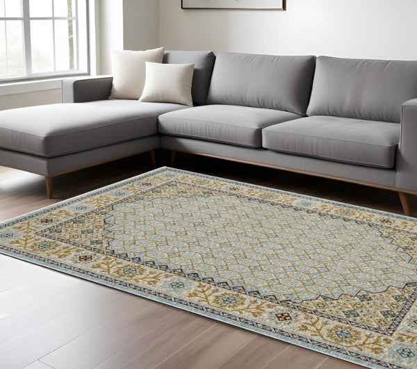 HomeRoots 5' Gold Oriental Area Rug with Elegant Fringed Edges - Durable, Stain-Resistant, Timeless Design 10' X 13' 574998