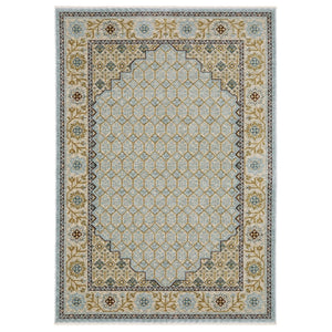 HomeRoots 5' Gold Oriental Area Rug with Elegant Fringed Edges - Durable, Stain-Resistant, Timeless Design 7' X 10' 574999