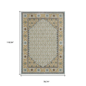 HomeRoots 5' Gold Oriental Area Rug with Elegant Fringed Edges - Durable, Stain-Resistant, Timeless Design 7' X 10' 574999