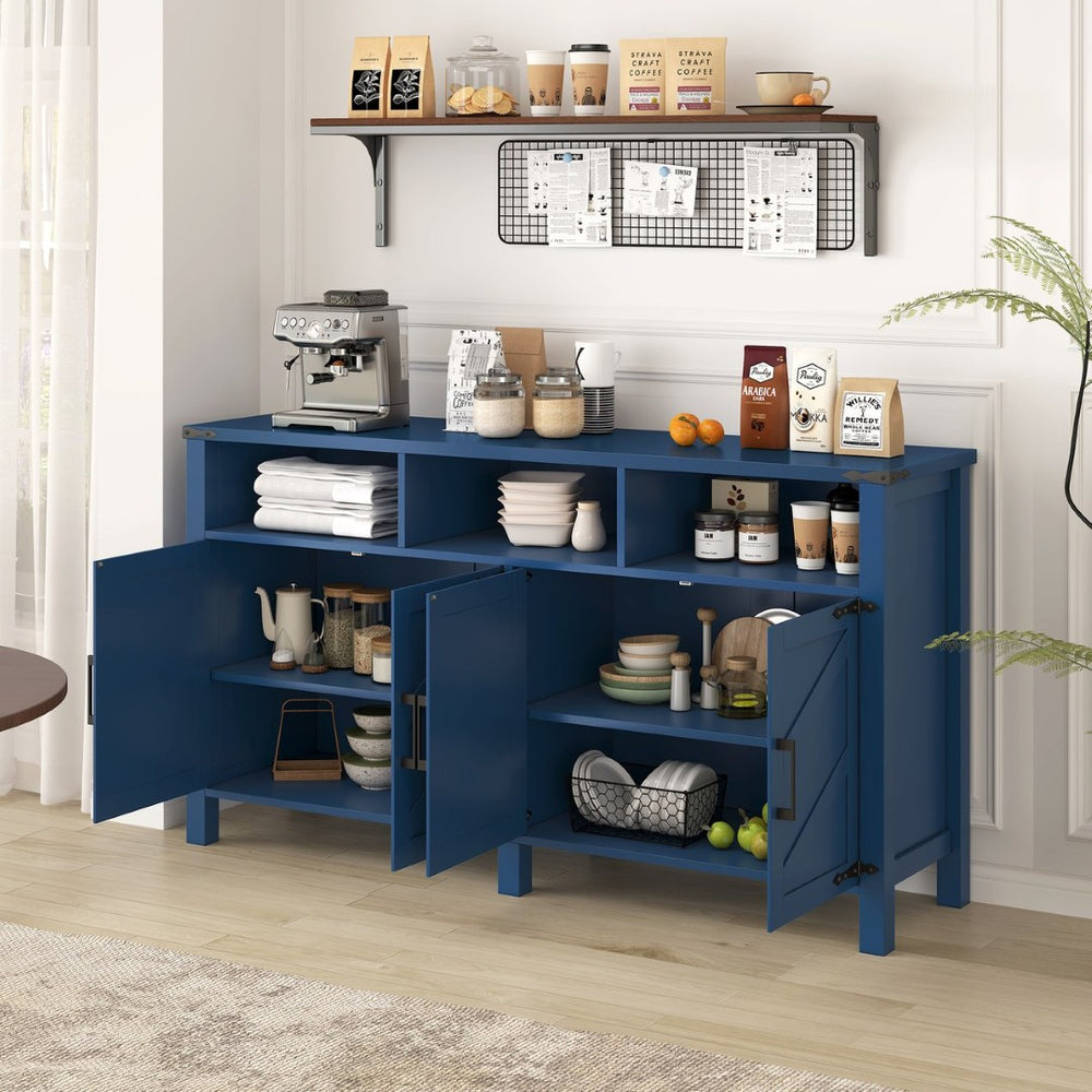 English Elm U_style 59 Inch Sideboard Buffet with Built in Power Outlets Open Cubbies Metal Accents Navy Blue N711P347407V