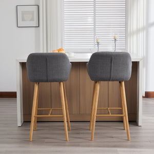 English Elm Modern Linen Upholstered Barstools with Oak Legs Armrests and Footrest for Kitchen Islands Gray W395P396316