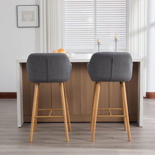 English Elm Modern Linen Upholstered Barstools with Oak Legs Armrests and Footrest for Kitchen Islands Gray W395P396316