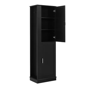 English Elm Tall Bathroom Storage Cabinet - Freestanding With Adjustable Shelves, Hooks & Modern Black Design N725P241834B-GIGA