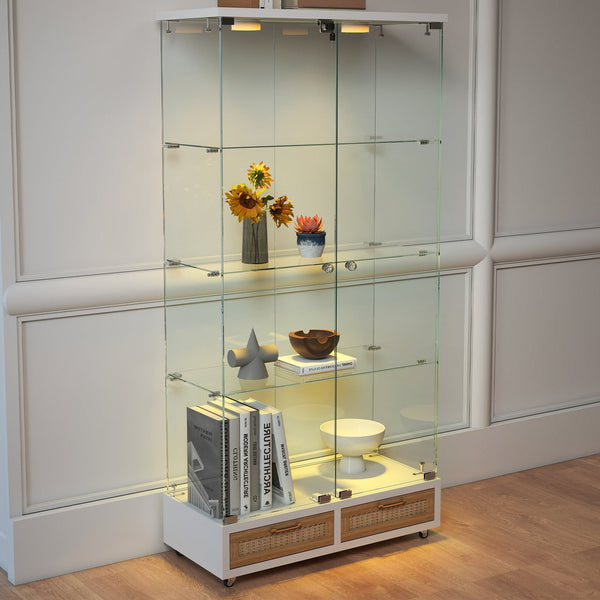 English Elm Modern Glass Display Cabinet With Led Lighting, Lockable Drawers, And Adjustable Shelves For Home Décor W241S00059
