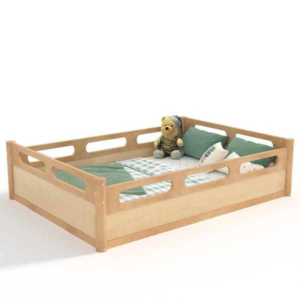 English Elm Twin Low Profile Floor Bed with Guardrails Pine Wood Frame Minimalist Bedroom Natural W1580P438793