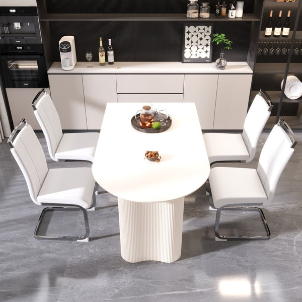 English Elm 63 Inch Cream Mdf Dining Set with Pu Chairs and Silver Metal Bases Seats Four W2189S00904