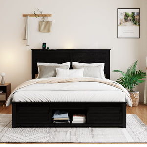 English Elm Queen Platform Bed Upholstered Headboard Led Lighting Charging Station Pet Area W636P254534