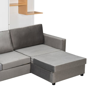 English Elm Queen Murphy Wall Bed with Velvet Sofa Built in Shelves Cabinets and Reading Lights White LP000393AAK