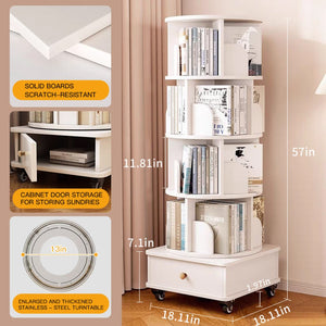 English Elm Rotating 5-Tier Corner Bookshelf With Drawer - Stylish White Storage Rack For Small Spaces & Homes W2641P329210-GIGA