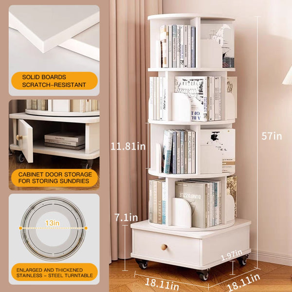 English Elm Rotating 5-Tier Corner Bookshelf With Drawer - Stylish White Storage Rack For Small Spaces & Homes W2641P329210-GIGA
