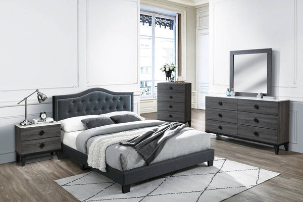 English Elm European Queen Platform Bed Burlap Upholstered Tufted Tall Headboard Bedroom Frame B011P414682