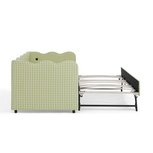 English Elm Cozy Twin Gingham Daybed with Trundle Sofa Bed, Linen Upholstery, USB Port, Wave Frame Design Green W1413S00100