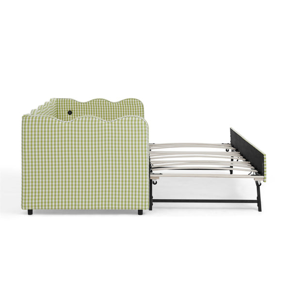English Elm Cozy Twin Gingham Daybed with Trundle Sofa Bed, Linen Upholstery, USB Port, Wave Frame Design Green W1413S00100