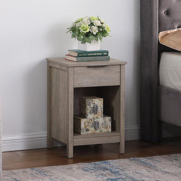 English Elm Nightstand with Drawer | 3-Tier Modern Bedside Table with Hidden Drawer, Open Shelves, Sturdy Build Gray 25.9 L x 17.1 W x 5.1 H W3151P345753