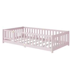 English Elm Twin Low Profile Rubberwood Floor Bed with Full Safety Fence for Toddler Rooms Pink W504P429281