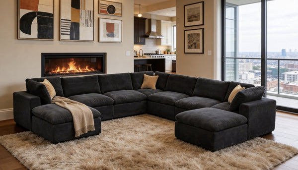 English Elm Coffee Bean Textured Modular Sectional Low Profile Lounge Sofa with Toss Pillows Dark Gray B2748S00084