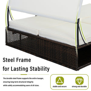 English Elm U_style Outdoor Double Sun Lounger Hdpe Wicker Steel Frame with Canopy Pop up Tables Beige WY000485AAA
