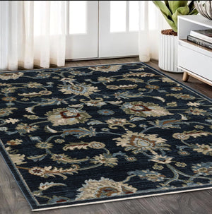 Homeroots 5' Elegant Dark Blue Oriental Area Rug With Fringe - Stain Resistant, Timeless Design For Home Decor 5' X 8' Polyester 575009