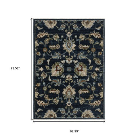 Homeroots 5' Elegant Dark Blue Oriental Area Rug With Fringe - Stain Resistant, Timeless Design For Home Decor 5' X 8' Polyester 575009
