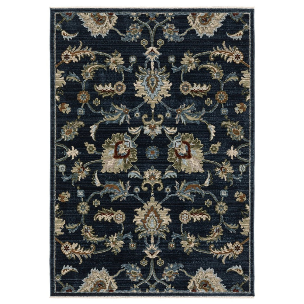 HomeRoots 5' Dark Blue Tan and Green Oriental Area Rug – Elegant Design with Fringe, Durable and Stain-Resistant 10' X 13' 575010