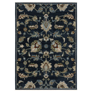HomeRoots 5' Dark Blue Tan and Green Oriental Area Rug – Elegant Design with Fringe, Durable and Stain-Resistant 10' X 13' 575010