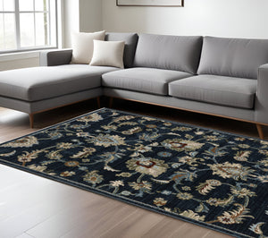 Homeroots 5' Elegant Dark Blue Oriental Area Rug With Fringe - Stain Resistant, Timeless Design For Home Decor 8' X 11' Polyester 575012
