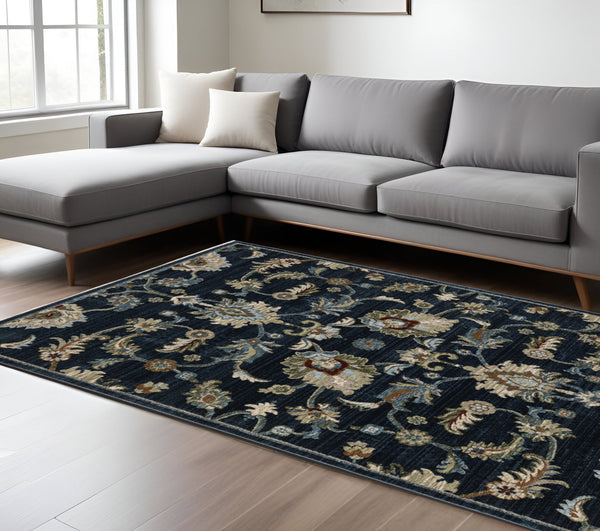 Homeroots 5' Elegant Dark Blue Oriental Area Rug With Fringe - Stain Resistant, Timeless Design For Home Decor 8' X 11' Polyester 575012