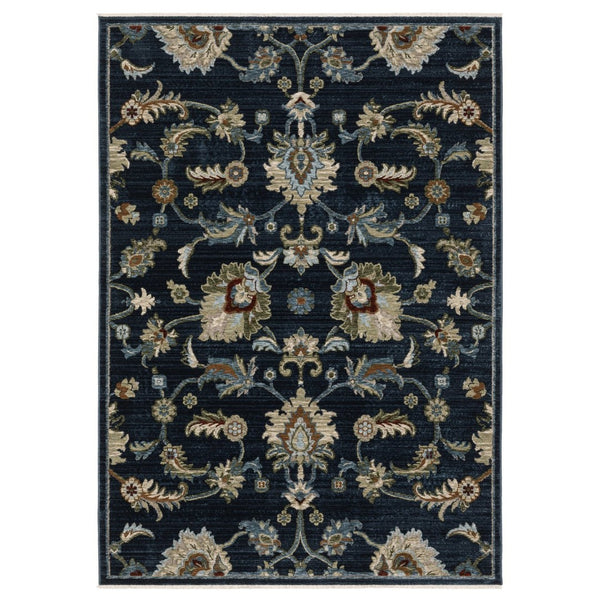 HomeRoots 5' Dark Blue Tan and Green Oriental Area Rug – Elegant Design with Fringe, Durable and Stain-Resistant 8' X 11' 575012