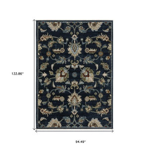 Homeroots 5' Elegant Dark Blue Oriental Area Rug With Fringe - Stain Resistant, Timeless Design For Home Decor 8' X 11' Polyester 575012
