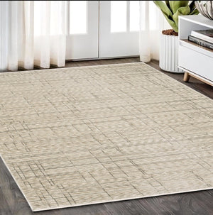 Homeroots 5' Chic Beige And Brown Geometric Area Rug With Stylish Fringe For Modern Home Decor Bliss 5' X 8' Polyester 575017
