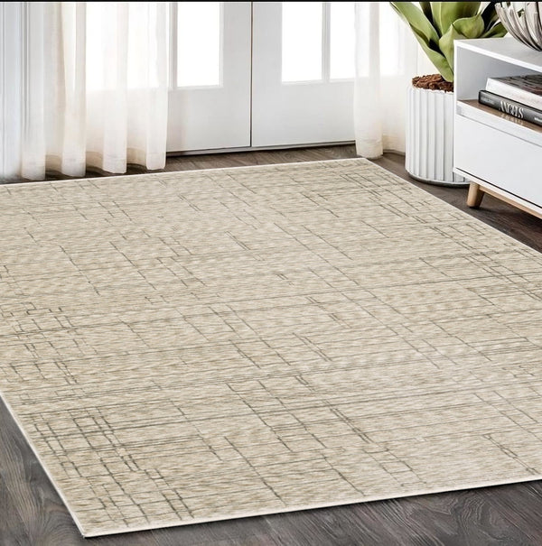 Homeroots 5' Chic Beige And Brown Geometric Area Rug With Stylish Fringe For Modern Home Decor Bliss 5' X 8' Polyester 575017