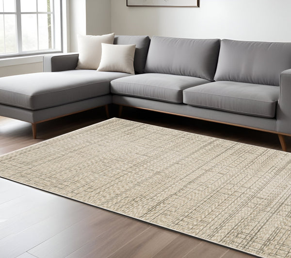 Homeroots 5' Chic Beige And Brown Geometric Area Rug With Stylish Fringe For Modern Home Decor Bliss 7' X 10' Polyester 575019