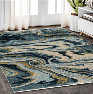 Homeroots 5' Artistry Navy Blue And Teal Abstract Area Rug With Fringe - Stylish, Stain Resistant Design For Kids 5' X 8' Polyester 575025