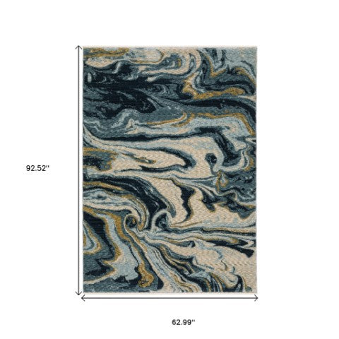 Homeroots 5' Artistry Navy Blue And Teal Abstract Area Rug With Fringe - Stylish, Stain Resistant Design For Kids 5' X 8' Polyester 575025