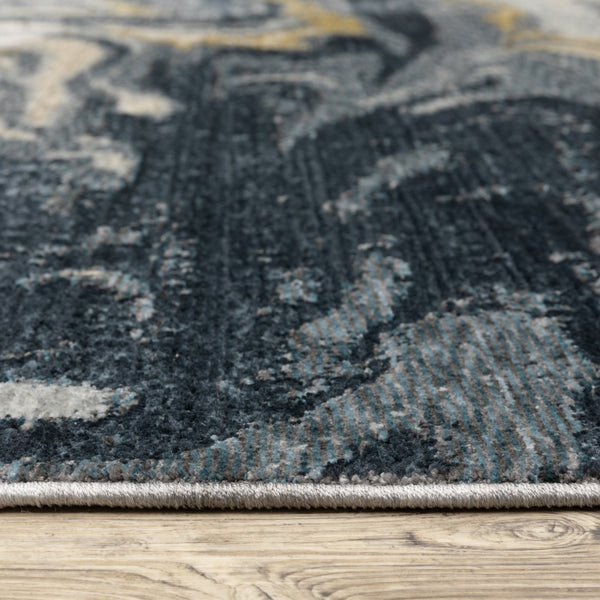 Homeroots 5' Artistry Navy Blue And Teal Abstract Area Rug With Fringe - Stylish, Stain Resistant Design For Kids 8' X 11' Polyester 575028