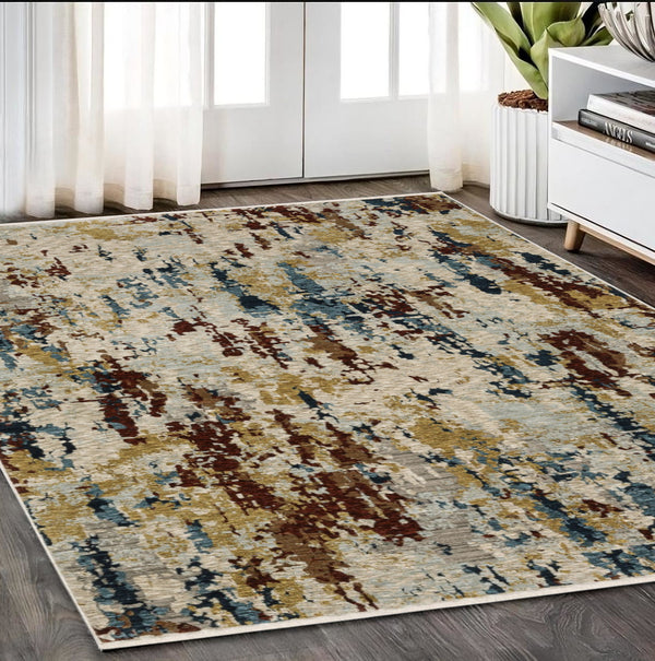 Homeroots 5' Beige Abstract Power Loom Area Rug With Fringe – Stain Resistant, Stylish Design For Any Space 5' X 8' Polyester 575029