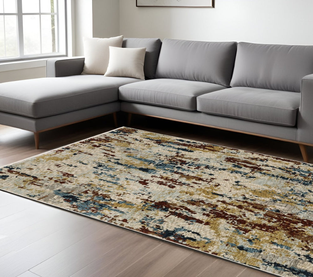 HomeRoots 5' Abstract Distressed Area Rug in Beige and Light Blue with Fringe for Modern Home Decor Comfort 10' X 13' 575030
